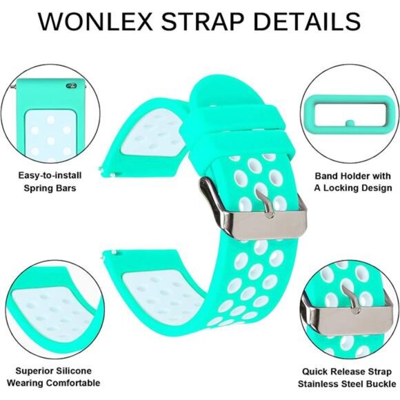 Universal 18mm 20mm 22mm 24mm Width Silicone Watch Band Replacement, Teal-White - Picture 5 of 7